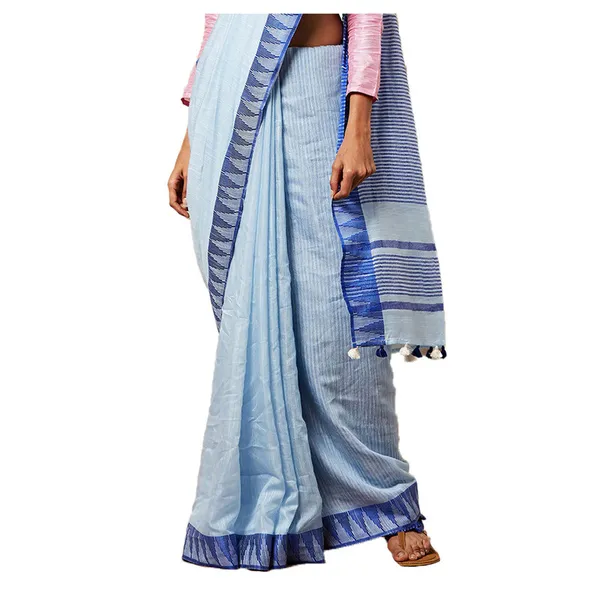 Columbian_Blue_women's_Bhagalpuri_Handloom_Kota_Silk_Temple_Border_Saree_And_Variation_Of_Colors_With_Striped_Blouse_Piece