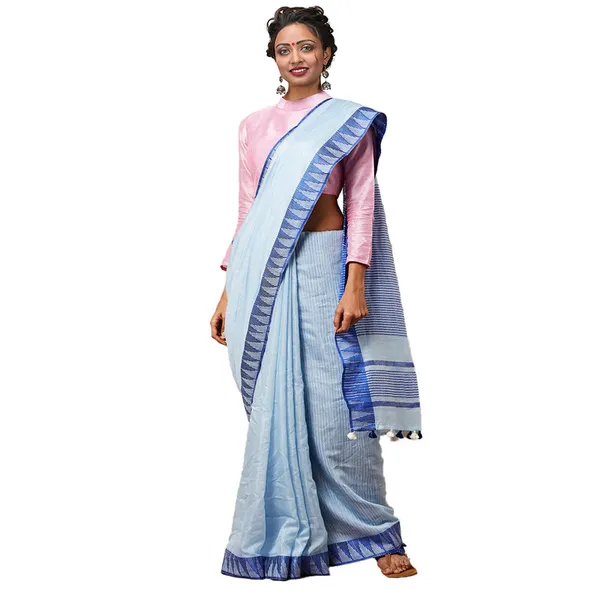 Columbian_Blue_women's_Bhagalpuri_Handloom_Kota_Silk_Temple_Border_Saree_And_Variation_Of_Colors_With_Striped_Blouse_Piece