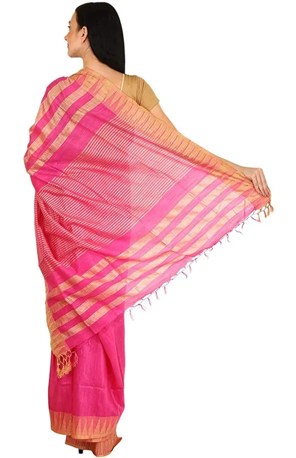 Deep_Pink_women's_Bhagalpuri_Handloom_Kota_Silk_Temple_Border_Saree_And_Variation_Of_Colors_With_Striped_Blouse_Piece