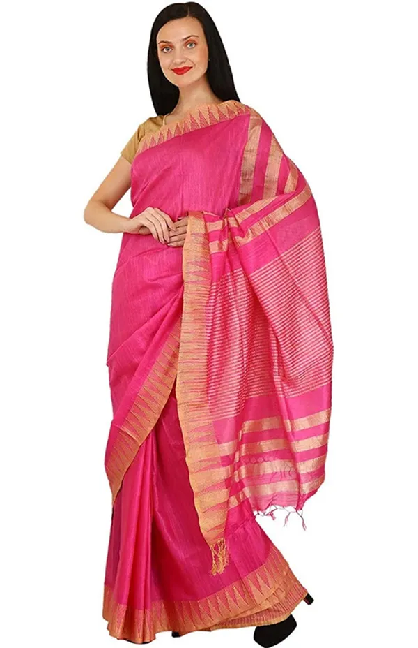 Deep_Pink_women's_Bhagalpuri_Handloom_Kota_Silk_Temple_Border_Saree_And_Variation_Of_Colors_With_Striped_Blouse_Piece