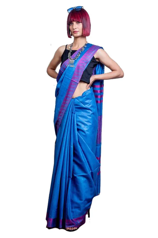Electric_Blue_women's_Bhagalpuri_Handloom_Kota_Silk_Temple_Border_Saree_And_Variation_Of_Colors_With_Striped_Blouse_Piece