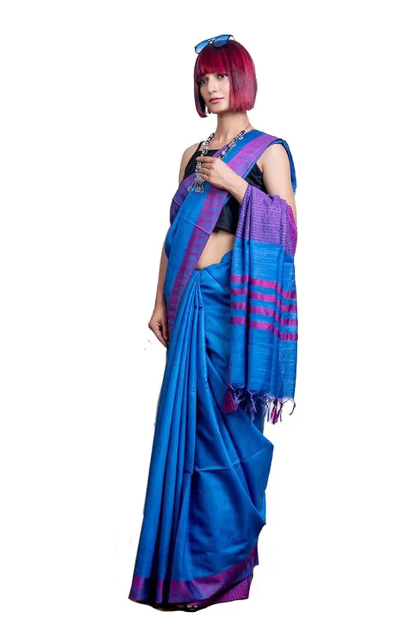 Electric_Blue_women's_Bhagalpuri_Handloom_Kota_Silk_Temple_Border_Saree_And_Variation_Of_Colors_With_Striped_Blouse_Piece