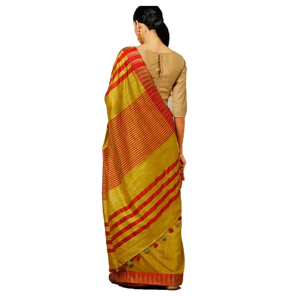 Gamboge_Yellow_women's_Bhagalpuri_Handloom_Kota_Silk_Temple_Border_Saree_And_Variation_Of_Colors_With_Striped_Blouse_Piece