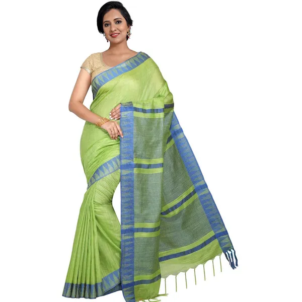 Green_women's_Bhagalpuri_Handloom_Kota_Silk_Temple_Border_Saree_And_Variation_Of_Colors_With_Striped_Blouse_Piece