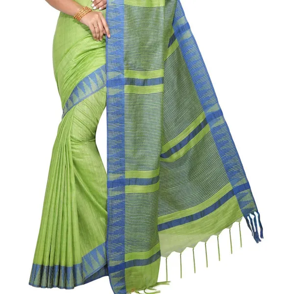 Green_women's_Bhagalpuri_Handloom_Kota_Silk_Temple_Border_Saree_And_Variation_Of_Colors_With_Striped_Blouse_Piece