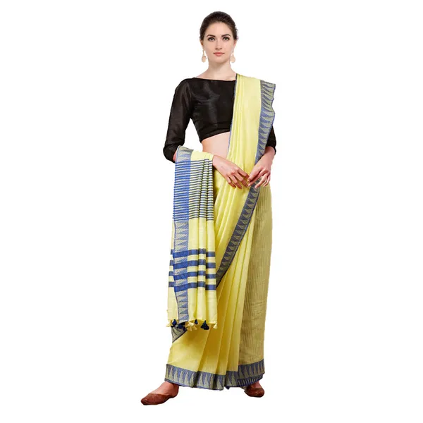 Jasmine_Yellow_women's_Bhagalpuri_Handloom_Kota_Silk_Temple_Border_Saree_And_Variation_Of_Colors_With_Striped_Blouse_Piece