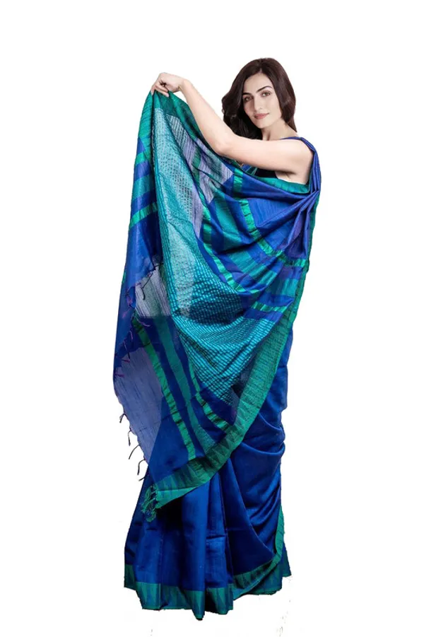 Klein_Blue_women's_Bhagalpuri_Handloom_Kota_Silk_Temple_Border_Saree_And_Variation_Of_Colors_With_Striped_Blouse_Piece