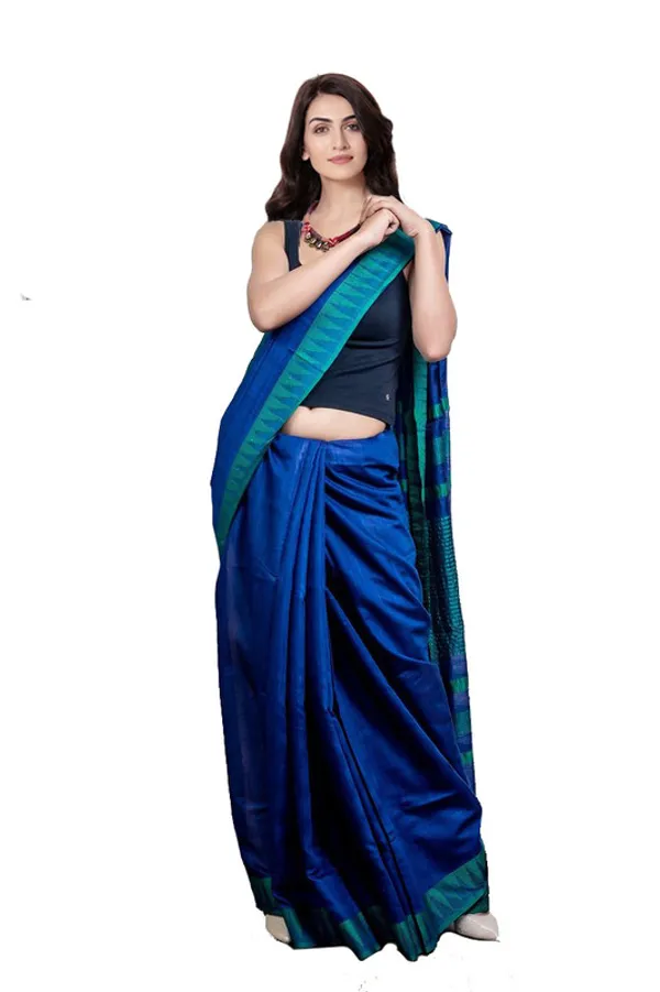Klein_Blue_women's_Bhagalpuri_Handloom_Kota_Silk_Temple_Border_Saree_And_Variation_Of_Colors_With_Striped_Blouse_Piece