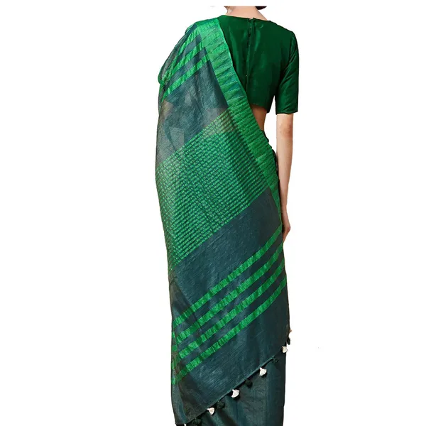 Midnight_Green_women's_Bhagalpuri_Handloom_Kota_Silk_Temple_Border_Saree_And_Variation_Of_Colors_With_Striped_Blouse_Piece