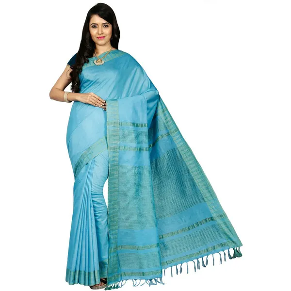 Moonstone_Cyan_women's_Bhagalpuri_Handloom_Kota_Silk_Temple_Border_Saree_And_Variation_Of_Colors_With_Striped_Blouse_Piece