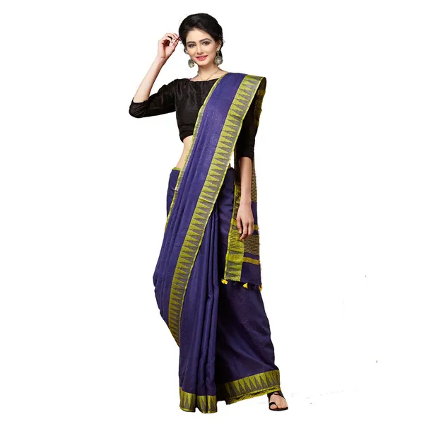 Navy_Blue_women's_Bhagalpuri_Handloom_Kota_Silk_Temple_Border_Saree_And_Variation_Of_Colors_With_Striped_Blouse_Piece