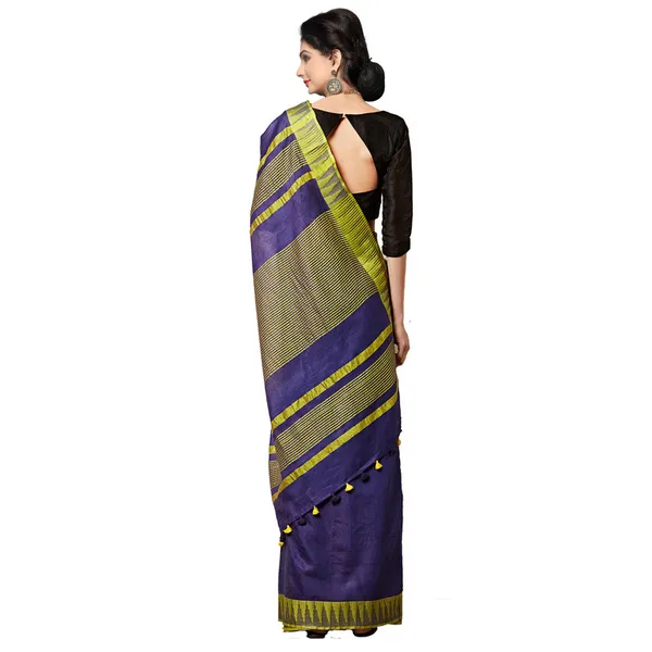 Navy_Blue_women's_Bhagalpuri_Handloom_Kota_Silk_Temple_Border_Saree_And_Variation_Of_Colors_With_Striped_Blouse_Piece