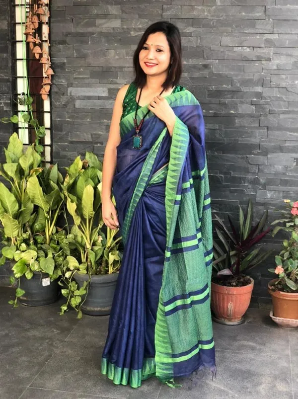 Bhagalpuri_Handloom_Kota_Silk_Temple_Border_Saree_And_Variation_Of_Colors_With_Striped_Blouse_Piece