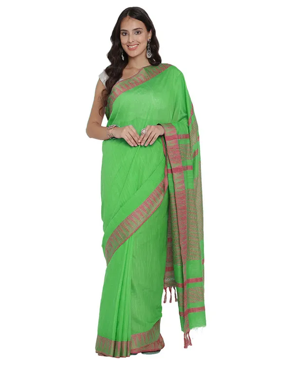 Screamin_Green_women's_Bhagalpuri_Handloom_Kota_Silk_Temple_Border_Saree_And_Variation_Of_Colors_With_Striped_Blouse_Piece