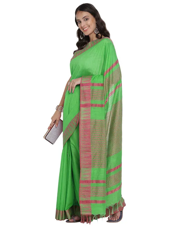 Screamin_Green_women's_Bhagalpuri_Handloom_Kota_Silk_Temple_Border_Saree_And_Variation_Of_Colors_With_Striped_Blouse_Piece