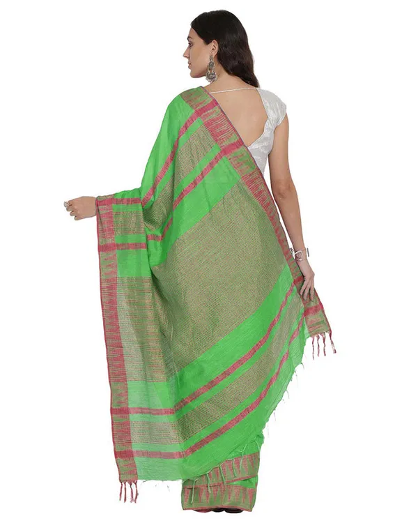 Screamin_Green_women's_Bhagalpuri_Handloom_Kota_Silk_Temple_Border_Saree_And_Variation_Of_Colors_With_Striped_Blouse_Piece