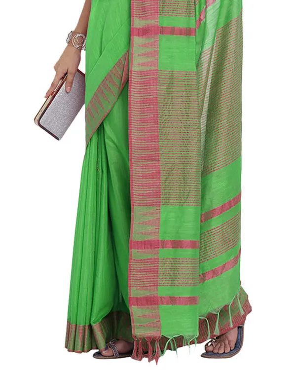 Screamin_Green_women's_Bhagalpuri_Handloom_Kota_Silk_Temple_Border_Saree_And_Variation_Of_Colors_With_Striped_Blouse_Piece