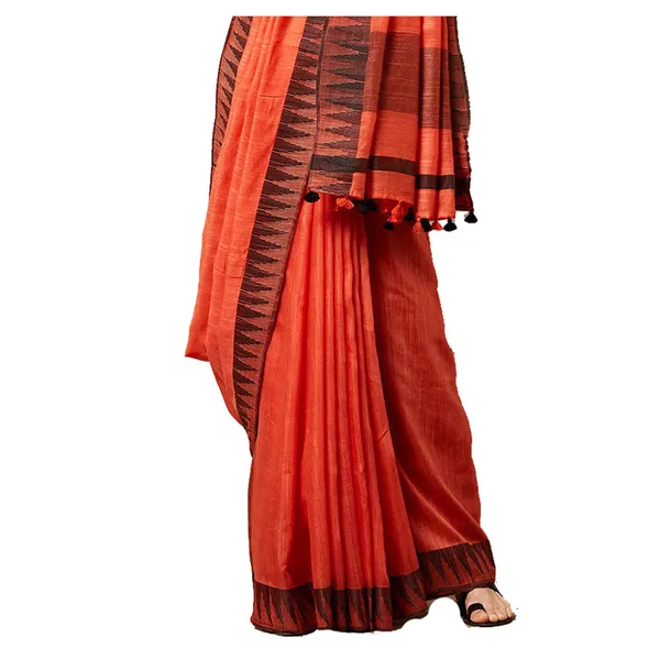 Tangelo_Orange_women's_Bhagalpuri_Handloom_Kota_Silk_Temple_Border_Saree_And_Variation_Of_Colors_With_Striped_Blouse_Piece
