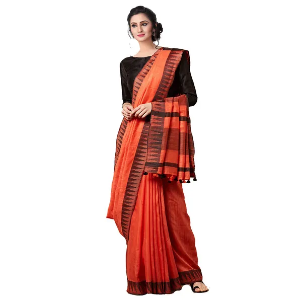 Tangelo_Orange_women's_Bhagalpuri_Handloom_Kota_Silk_Temple_Border_Saree_And_Variation_Of_Colors_With_Striped_Blouse_Piece