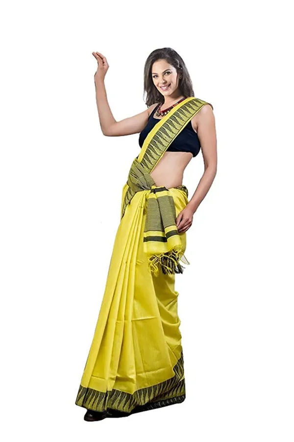 Yellow_women's_Bhagalpuri_Handloom_Kota_Silk_Temple_Border_Saree_And_Variation_Of_Colors_With_Striped_Blouse_Piece