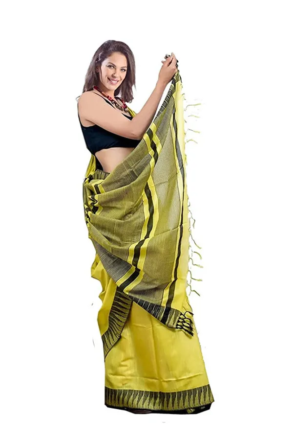 Yellow_women's_Bhagalpuri_Handloom_Kota_Silk_Temple_Border_Saree_And_Variation_Of_Colors_With_Striped_Blouse_Piece