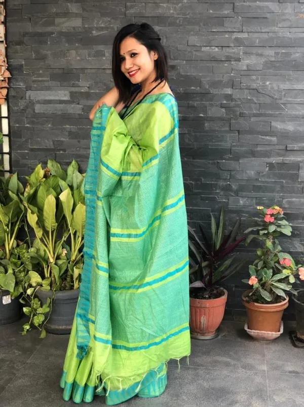 Bhagalpuri_Handloom_Kota_Silk_Temple_Border_Saree_And_Variation_Of_Colors_With_Striped_Blouse_Piece