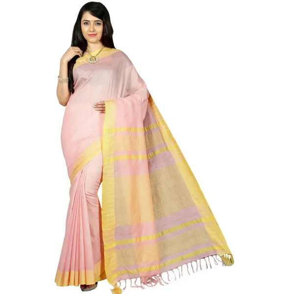 Tea_Rose_Pink_women's_Bhagalpuri_Handloom_Kota_Silk_Temple_Border_Saree_And_Variation_Of_Colors_With_Striped_Blouse_Piece