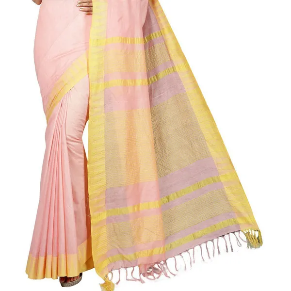 Tea_Rose_Pink_women's_Bhagalpuri_Handloom_Kota_Silk_Temple_Border_Saree_And_Variation_Of_Colors_With_Striped_Blouse_Piece