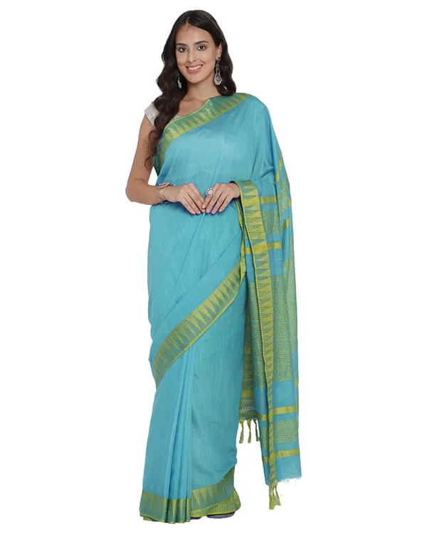 Tiffany_Cyan_women's_Bhagalpuri_Handloom_Kota_Silk_Temple_Border_Saree_And_Variation_Of_Colors_With_Striped_Blouse_Piece