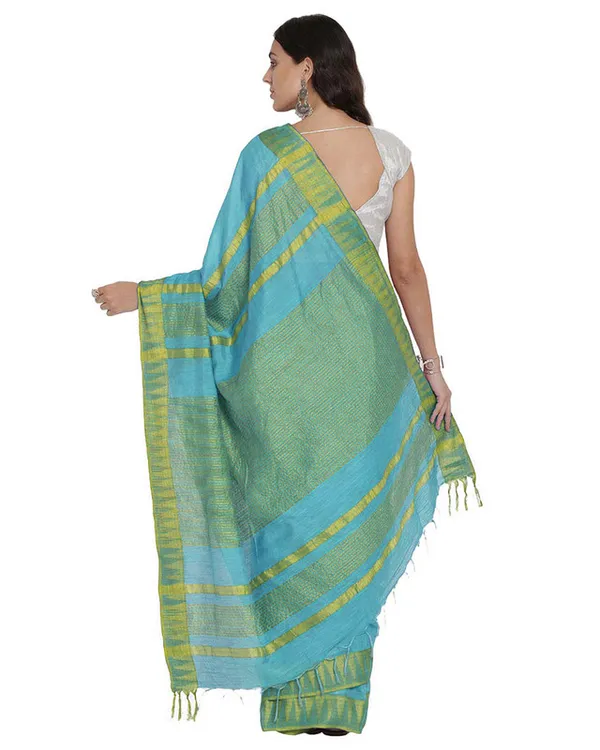 Tiffany_Cyan_women's_Bhagalpuri_Handloom_Kota_Silk_Temple_Border_Saree_And_Variation_Of_Colors_With_Striped_Blouse_Piece