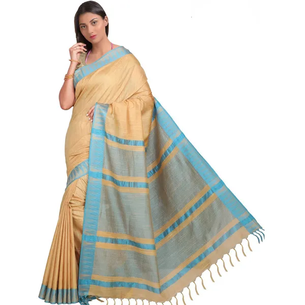 Vanilla_Creame_women's_Bhagalpuri_Handloom_Kota_Silk_Temple_Border_Saree_And_Variation_Of_Colors_With_Striped_Blouse_Piece