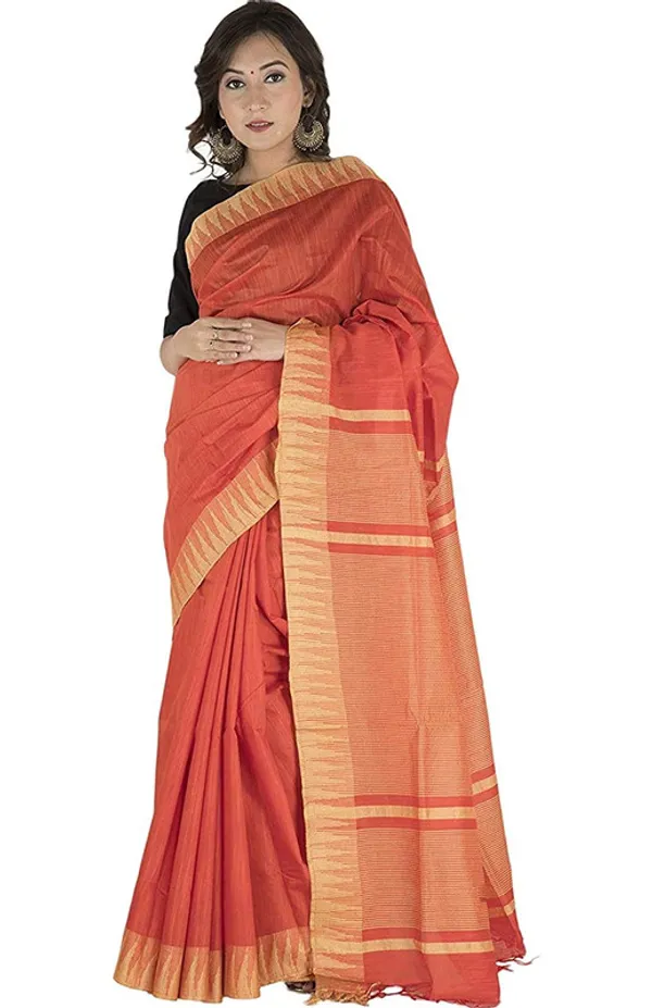Vermilion_Red_women's_Bhagalpuri_Handloom_Kota_Silk_Temple_Border_Saree_And_Variation_Of_Colors_With_Striped_Blouse_Piece