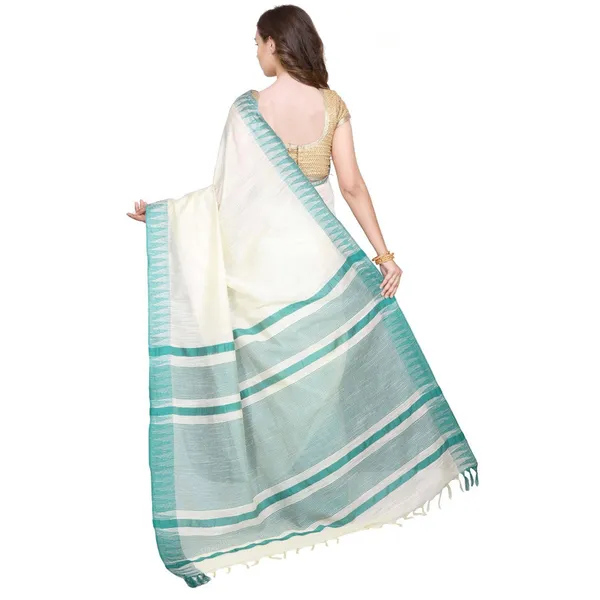 White-Turquoise_women's_Bhagalpuri_Handloom_Kota_Silk_Temple_Border_Saree_And_Variation_Of_Colors_With_Striped_Blouse_Piece