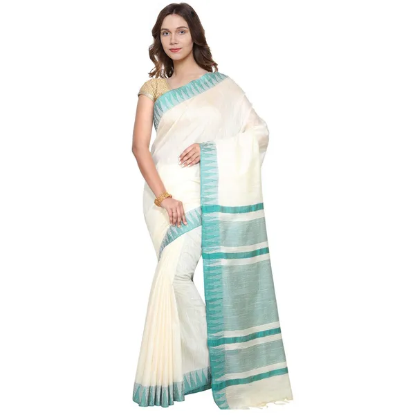White-Turquoise_women's_Bhagalpuri_Handloom_Kota_Silk_Temple_Border_Saree_And_Variation_Of_Colors_With_Striped_Blouse_Piece