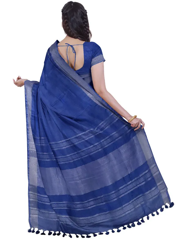 Cobalt_Blue_women's_Bhagalpuri_Handloom_Linen_Blend_Saree_And_Variation_Of_Colors_With_Running_Unstiched_Blouse_Piece