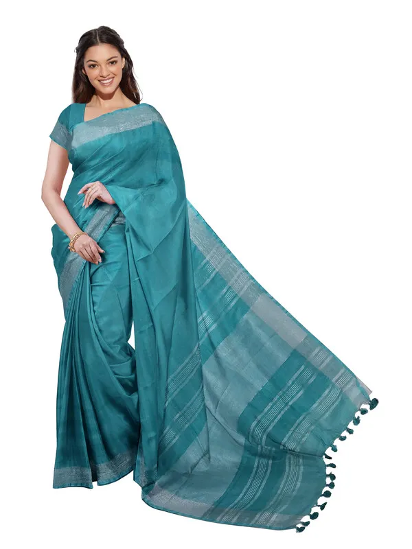 Cyan_women's_Bhagalpuri_Handloom_Linen_Blend_Saree_And_Variation_Of_Colors_With_Running_Unstiched_Blouse_Piece