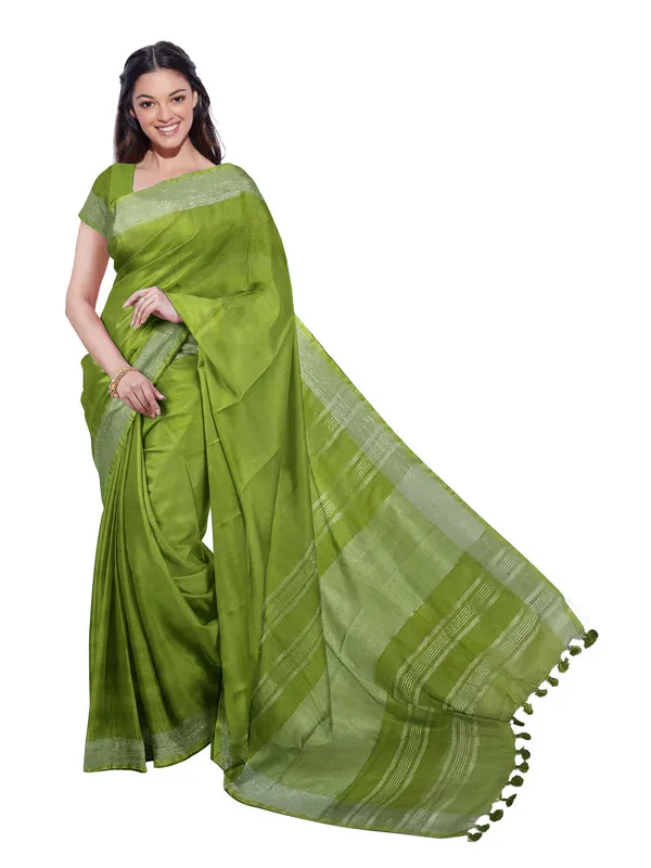 Green_women's_Bhagalpuri_Handloom_Linen_Blend_Saree_And_Variation_Of_Colors_With_Running_Unstiched_Blouse_Piece
