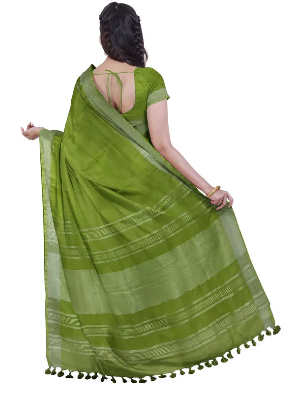 Green_women's_Bhagalpuri_Handloom_Linen_Blend_Saree_And_Variation_Of_Colors_With_Running_Unstiched_Blouse_Piece