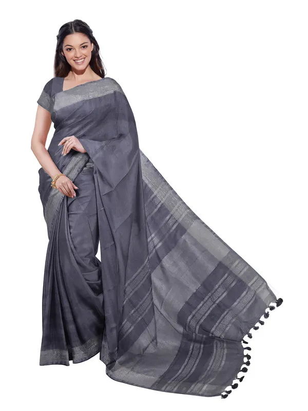 Grey_women's_Bhagalpuri_Handloom_Linen_Blend_Saree_And_Variation_Of_Colors_With_Running_Unstiched_Blouse_Piece