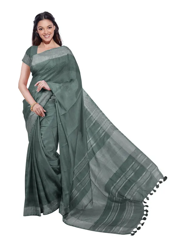 Hooker's_Green_women's_Bhagalpuri_Handloom_Linen_Blend_Saree_And_Variation_Of_Colors_With_Running_Unstiched_Blouse_Piece
