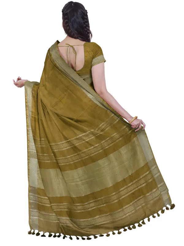 Olive_Green_women's_Bhagalpuri_Handloom_Linen_Blend_Saree_And_Variation_Of_Colors_With_Running_Unstiched_Blouse_Piece