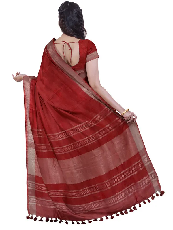 Red_women's_Bhagalpuri_Handloom_Linen_Blend_Saree_And_Variation_Of_Colors_With_Running_Unstiched_Blouse_Piece