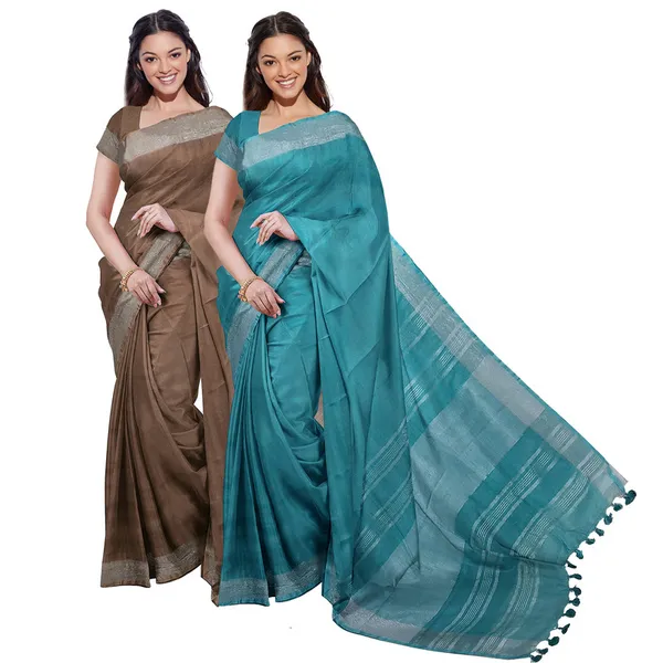 Brown_&_Cyan_women's_Bhagalpuri_Handloom_Cotton-Linen_Blend_Saree_Combo_(Pack_Of_2)_With_Running_Unstiched_Blouse_Piece