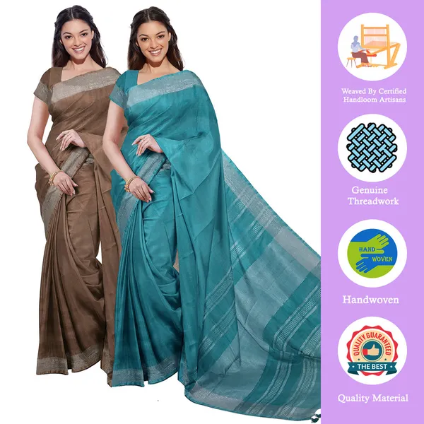 Brown_&_Cyan_women's_Bhagalpuri_Handloom_Cotton-Linen_Blend_Saree_Combo_(Pack_Of_2)_With_Running_Unstiched_Blouse_Piece