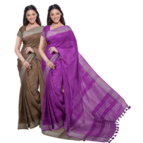 Brown_&_Electric_Purple_women's_Bhagalpuri_Handloom_Cotton-Linen_Blend_Saree_Combo_(Pack_Of_2)_With_Running_Unstiched_Blouse_Piece