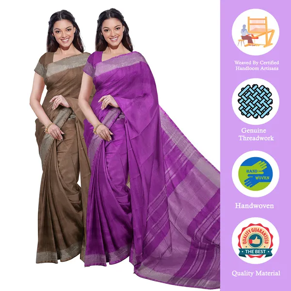 Brown_&_Electric_Purple_women's_Bhagalpuri_Handloom_Cotton-Linen_Blend_Saree_Combo_(Pack_Of_2)_With_Running_Unstiched_Blouse_Piece