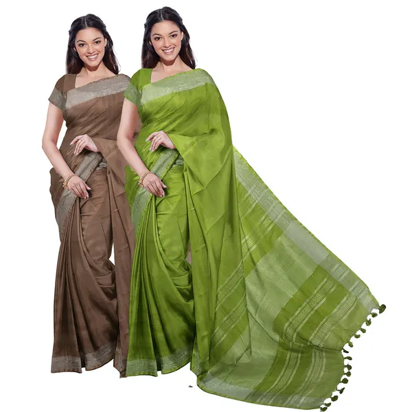 Brown_&_Green_women's_Bhagalpuri_Handloom_Cotton-Linen_Blend_Saree_Combo_(Pack_Of_2)_With_Running_Unstiched_Blouse_Piece