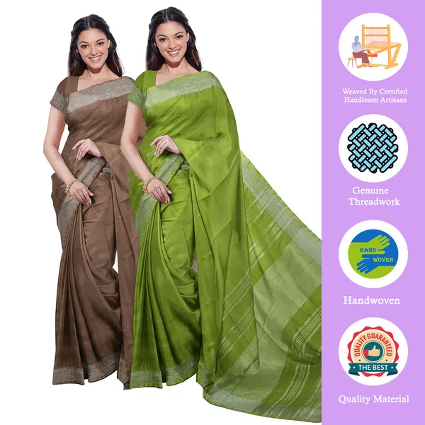 Brown_&_Green_women's_Bhagalpuri_Handloom_Cotton-Linen_Blend_Saree_Combo_(Pack_Of_2)_With_Running_Unstiched_Blouse_Piece