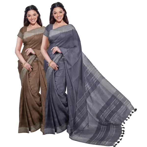 Brown_&_Grey_women's_Bhagalpuri_Handloom_Cotton-Linen_Blend_Saree_Combo_(Pack_Of_2)_With_Running_Unstiched_Blouse_Piece