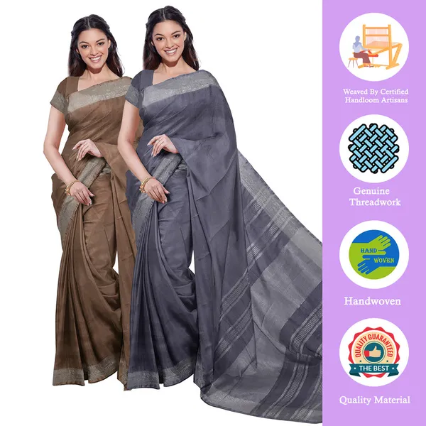 Brown_&_Grey_women's_Bhagalpuri_Handloom_Cotton-Linen_Blend_Saree_Combo_(Pack_Of_2)_With_Running_Unstiched_Blouse_Piece